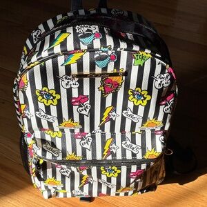 Betsey Johnson Striped Backpack with Colorful Cartoon Graphics. Super Cute!